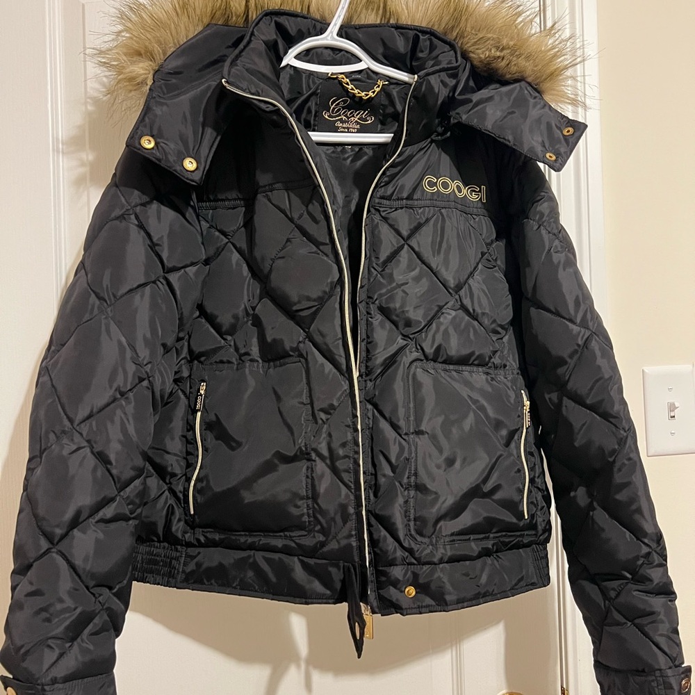 COOGI winter vintage Black Quilted Jacket with Gold Embroidery